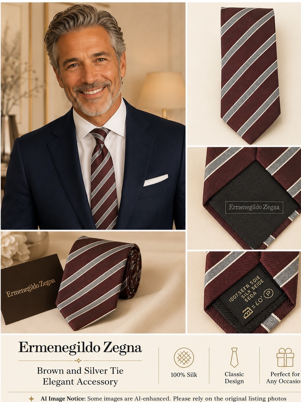 Ermenegildo Zegna Brown and Silver Tie Elegant Accessory